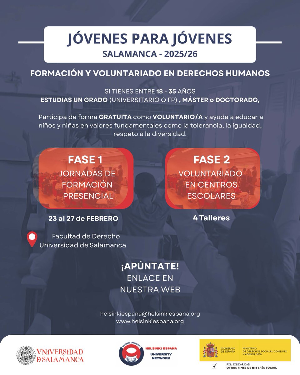Proyecto JÓVENES PARA JÓVENES: EDUCANDO EN DERECHOS HUMANOS Y ODS. 
Jornadas de formación presencial del 23 al 27 de febrero en la Facultad de Derecho.