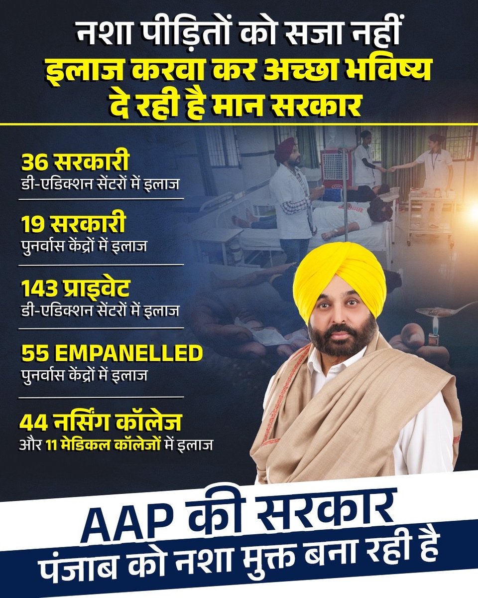 पिछली सरकारों ने पंजाब के युवाओं को नशे की गर्त में धकेला।

अब AAP की मान सरकार पंजाब के उन बच्चों का बेहतर इलाज कर, फिर से अच्छा भविष्य दे रही है।

#NashaMuktPunjab