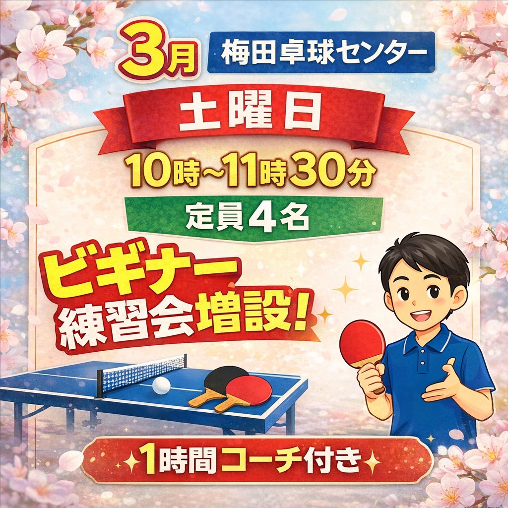 umedattc's tweet photo. 【新設】土曜午前のビギナー練習会スタート！🏓✨

🗓 日時：3月の毎週土曜日 10:00〜11:30
📍 場所：梅田卓球センター
👥 定員：先着4名様（少人数でじっくり！）
💰 料金：2,000円
♡お得なチ���ットも販売中✨
💡 内容：1時間のコーチ指導＋30分の練習

休日の朝、気持ちよく体を動かしませんか？ https://t.co/JI0hkyVkeJ