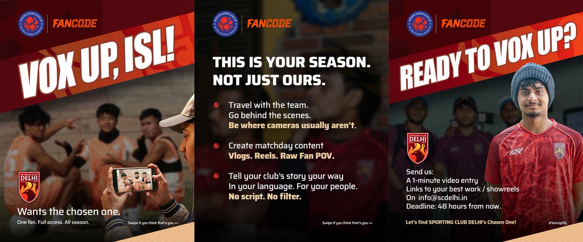 🎥 DILLI, WE’RE LOOKING FOR ONE OF OUR OWN.

This season, one fan won’t just watch the journey,
they’ll live it. 🤩

Sporting Club Delhi with <a href="/FanCode/">FanCode</a> is giving full-season access to one creator from our city.

Be with the team.
Capture the moments fans don’t see.
Create content