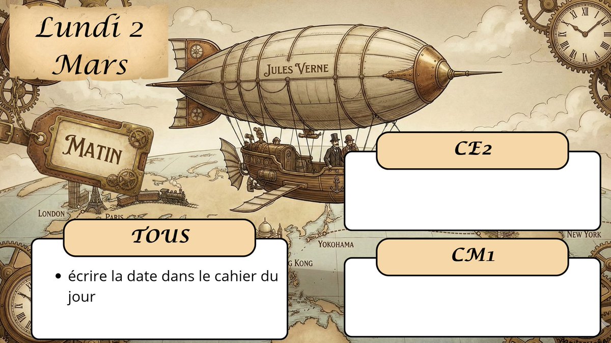 Phileas Fogg s'invite en classe ! 🎩🌍
Support d'accueil CE2-CM1 "Tour du monde en 80 jours". 🚢
Clé en main pour la pédagogie explicite : autonomie dès l'accueil en classe ! 

Modèle <a href="/canva/">Canva</a> gratuit ici : 🔗 canva.com/design/DAHBpsY…
#TeamPE #Cycle3 #CE2 #CM1