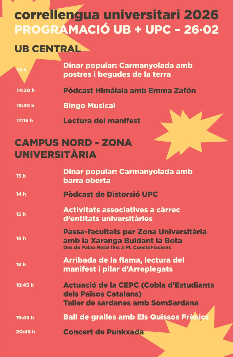 🎉Ja tenim la programació de la UB i la UPC!

Vine a gaudir del Correllengua Universitari i fem córrer la flama fins a la Zona Universitària 🔥

🗓️ Dijous 26 de febrer
📍UB Central i Zona Universitària (Barcelona)
⏰ De les 13:00 h a les 21:45 h