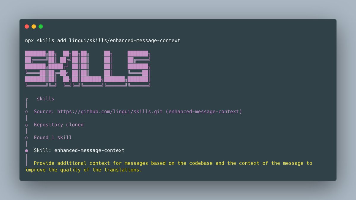 LinguiJS's tweet photo. Context matters for translators and AI - they only see strings, not your UI. We added a new skill for Agents: Enhanced Message Context. It covers when to add comments, when to skip them, and how to write comments that actually help.

See https://t.co/7cTg3Spx0p for more details. https://t.co/AVjaeffzMA