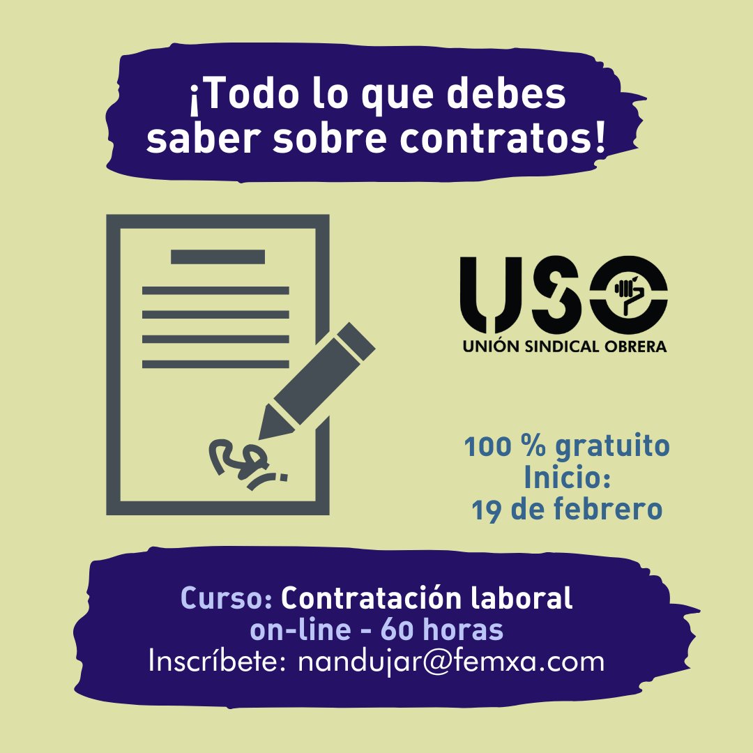 SindicatoUSO's tweet photo. 👉 #USOTeForma en contratación laboral. ¡Últimas plazas!
🧐 ¿Dudas con algunas cláusulas de los contratos? ¡Las resolvemos! Para ti y para que asesores a tus compañeros de la sección sindical.
🤩 Gratuito y en línea, a tu ritmo.
🗓️ Comienzo 19 de febrero, 60 horas, avalado por el SEPE.
📩 nandujar@femxa.com
