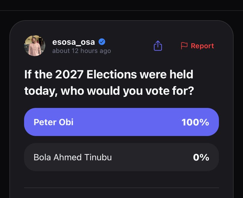 esosaosa19's tweet image. The masses have spoken. Peter Obi is the leading candidate for the 2027 Election, according to a poll on PatriotsConnect. 🇳🇬

Download PatriotsConnect today and join the conversation ⬇️

Playstore: play.google.com/store/apps/det… 

AppStore: apps.apple.com/ng/app/patriot…

#NASS #Obi #Tinubu