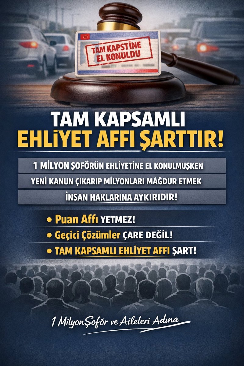 Ehliyet için verilen süre cezaları adaletsiz ve orantısızdır. Tek sefer mahsus cana kast etmemiş kazaya karışmamış kişiler için kapsamlı ehliyet affı talep etmekteyiz.

HalkBurda SandıkNerede
#ŞoförünSabrıBitti