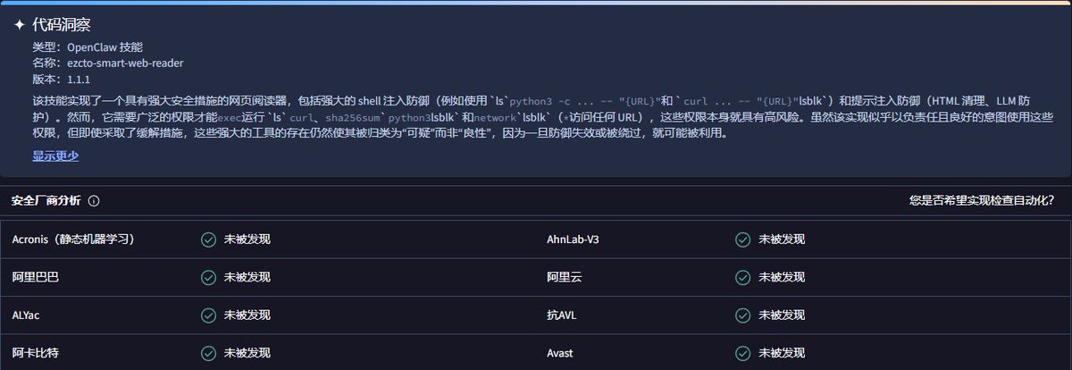 EZCTO 2.0的Skill 
ezcto-smart-web-reader v1.1.1 通过 ClawHub 代码洞察安全审计。
全部安全厂商扫描：未被发现。
审计摘要：该 Skill 实现了强大的安全措施，包括 shell 注入防御、HTML 清理、LLM 提示注入防护。代码被归类为"可疑而非恶性"——因为作为网页阅读器，它需要