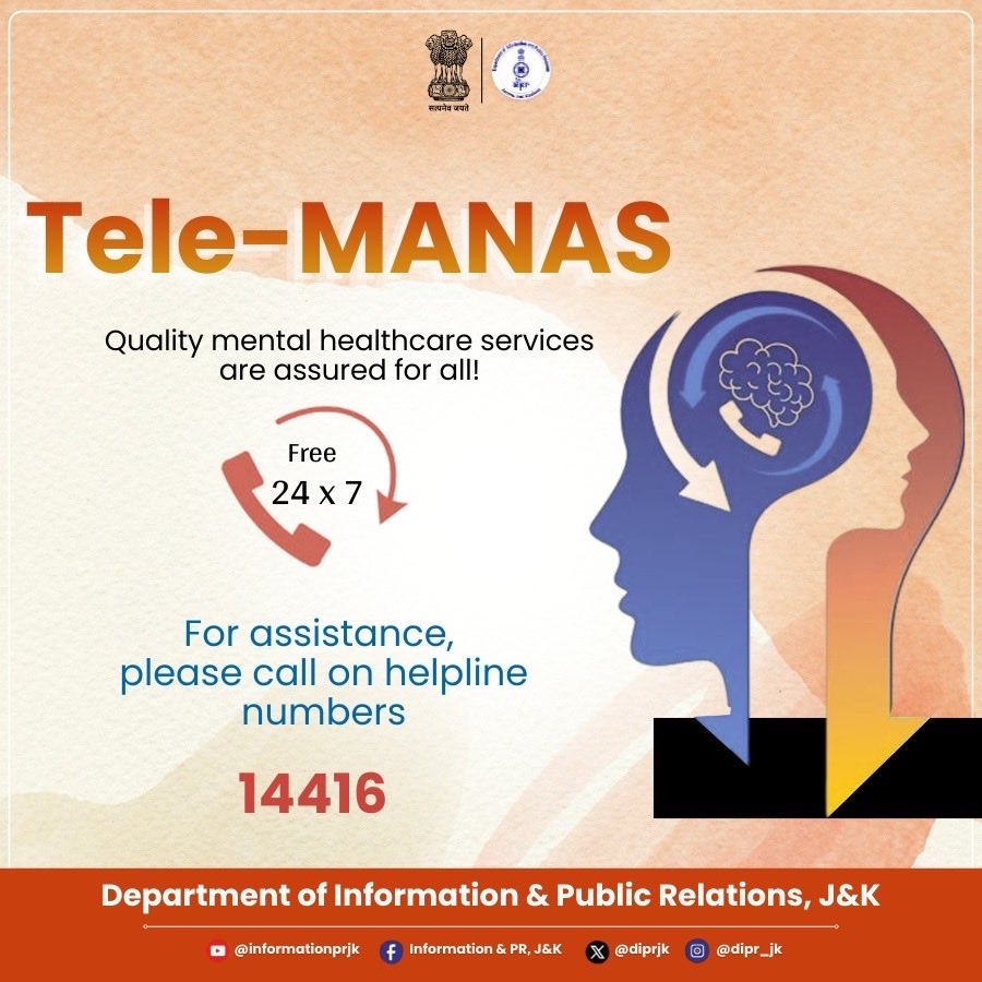 diprjk's tweet photo. Your mental health matters. 💙
With Tele-MANAS, free 24×7 support is just a call away. Reach out anytime—help is here.
📌 Follow:
X @diprjk | Instagram @dipr_jk
#TeleMANAS #MentalHealthSupport #YouAreNotAlone #MentalWellbeing #Helpline14416 #24x7Support #TalkToSomeone #HealthyMind #PublicHealth #JammuAndKashmir
@OfficeOfLGJandK @CM_JnK @NitishRajora_
