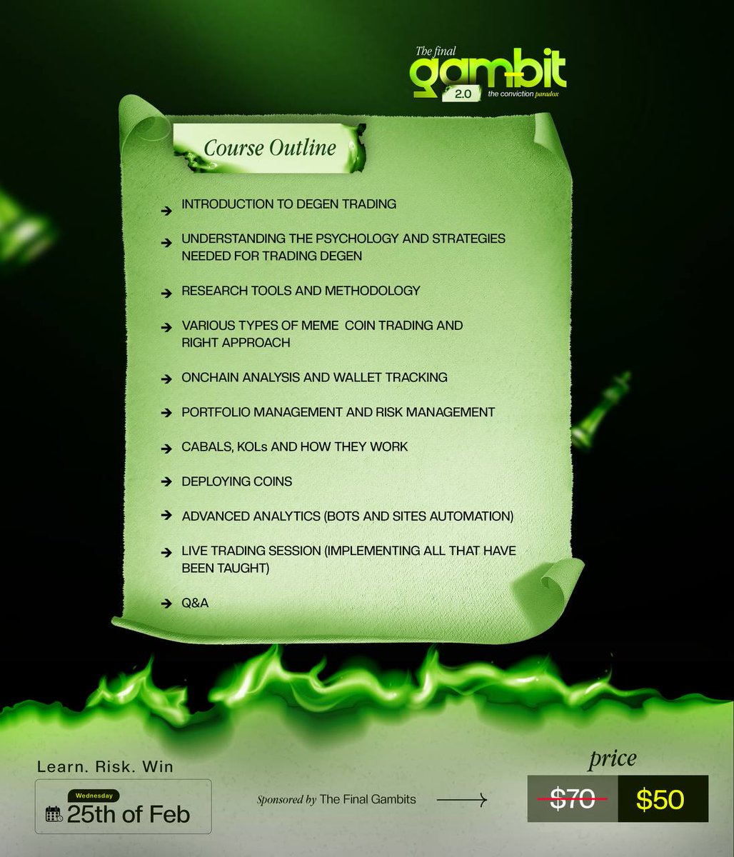 The Final Gambit 2.0 course outline is now revised &amp; reloaded

In <a href="/MrKrabb_/">MrKrabb</a>'s words: "all i want is excellence. i want the next generation of great Degen traders to be birthed from Final Gambit".

This isn't just a sprint its a journey
Now let the countdown to Final Gambit  begin