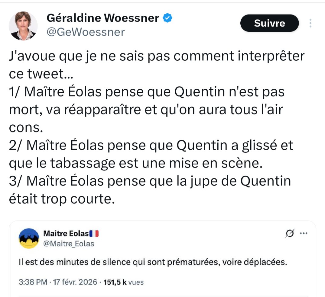 Ou alors Maître Eolas pense que l'hommage est prématuré car on ne connait pas encore les circonstances exactes dans lesquelles Quentin est mort, voire déplacé car Quentin faisait partie de groupes ouvertement nationalistes, racistes et même antisémites pour certains.