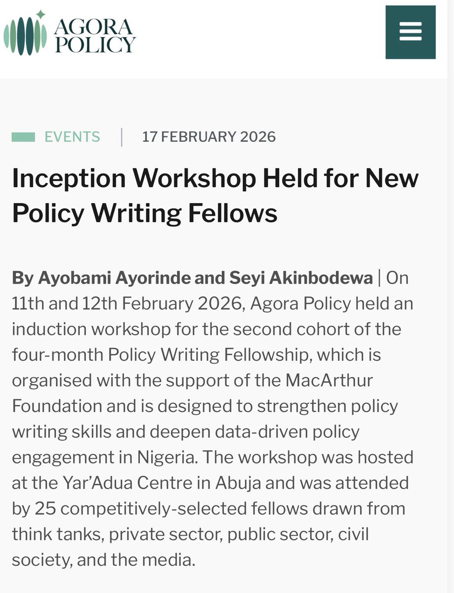 Agora Policy held a two-day inception workshop for the second cohort of its Policy Writing Fellowship, bringing together 25 fellows from across sectors to strengthen evidence-based policy writing and engagement in Nigeria.

Read more on our website: 
agorapolicy.org/events/past-ev…
