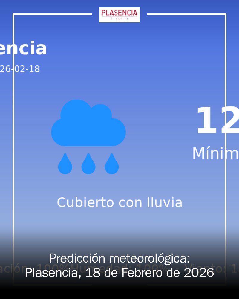 🌧️¡Atención, Plasencia! Este 18 de febrero experimentaremos un día lluvioso con 100% de probabilidad de precipitación. 🌧️ Temperaturas entre 7°C y 12°C. ¡No olvides tu paraguas y vístete en capas! 🧥 #Plasencia #Clima #Lluvias mrf.lu/zrgX
