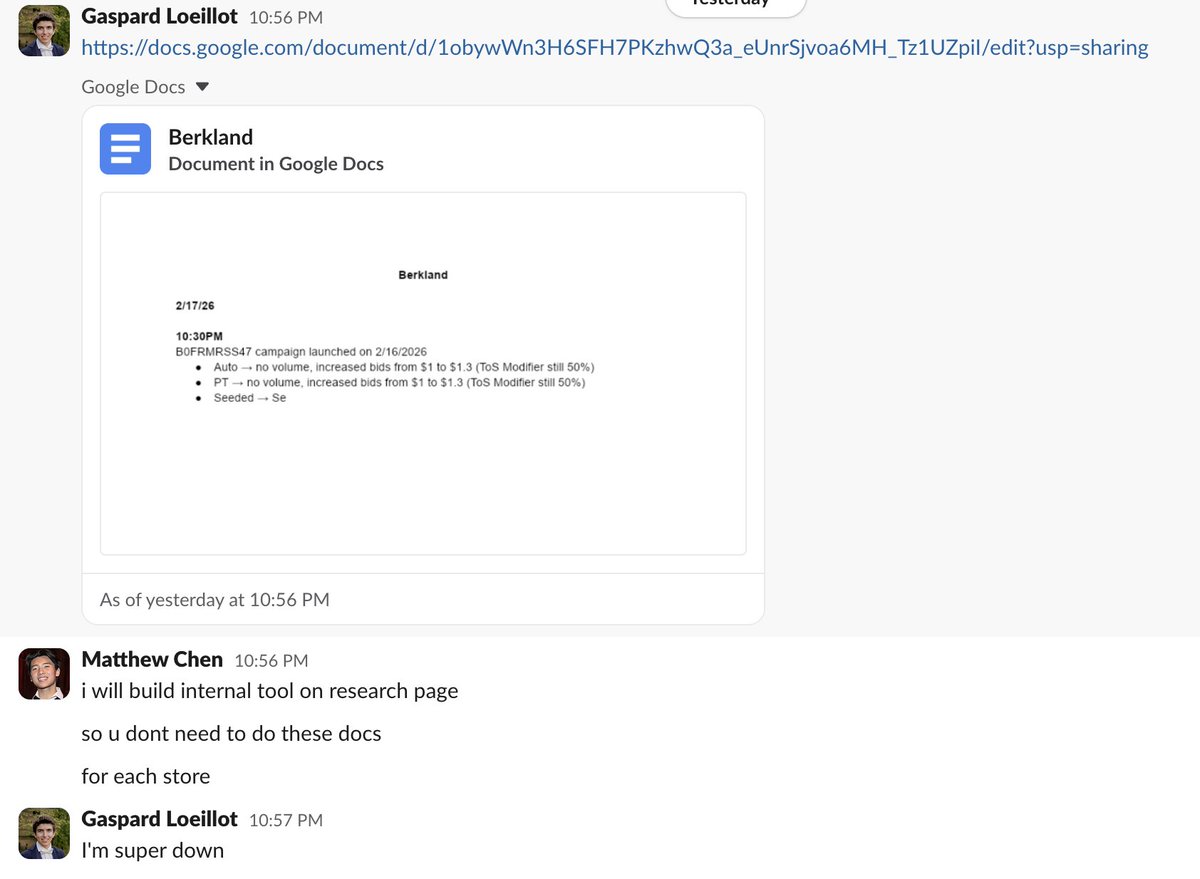 it's happening: i'm rebuilding slack internally for <a href="/trylaurence/">Laurence</a> 

because our founding engineer juggling docs to track changes for each of our customers just doesn't scale

and having dozens of internal channels for our customer accounts drowns out the genuinely useful Slack