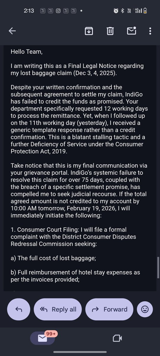aikantikbag's tweet photo. @IndiGo6E @MoCA_GoI @RamMNK @PMOIndia @airsewa_MoCA My legal team has drafted a final mail seeking the claim and if the amount is not credited by tomorrow, I shall move to the consumer court. @IndiGo6E take note. I urge @MoCA_GoI @RamMNK @PMOIndia @narendramodi to intervene and help me seek my compensation. https://t.co/epD0Agggdz