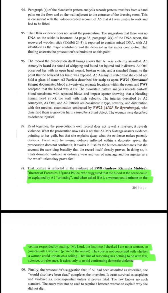 Aaah. The state's expert, PW25 said the cast-off pattern of the blood on the  floor, walls and ceiling (all of it being Mrs Katanga's blood) was  consistent with the kind of pattern