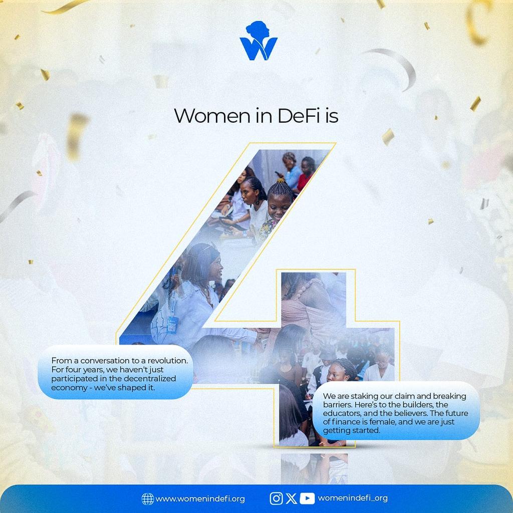 Women in Defi is 4! 🎉

4 years of building, learning, and championing women across Web3 &amp; DeFi.

4 years of community, growth, and global impact.

To every woman who showed up, spoke up, and built with us, we love you mucho 💙

We want you to tell us one thing that you're