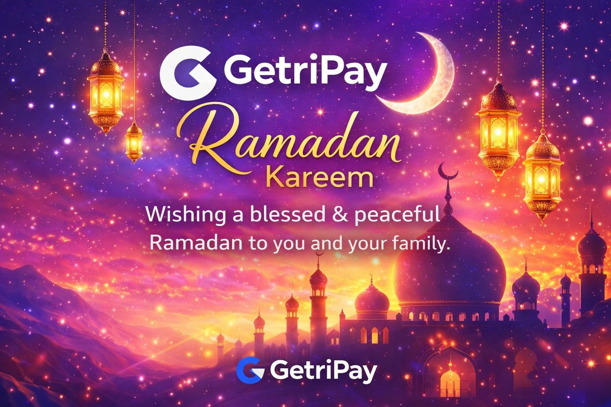 GetriPay's tweet photo. Ramadan Mubarak 🌙
May this season of fasting bring peace to your heart, clarity to your mind, and blessings to your home. #getripay #RamadanMubarak #Finance #digitalbanking #Fintech https://t.co/rXrWf2PTmQ