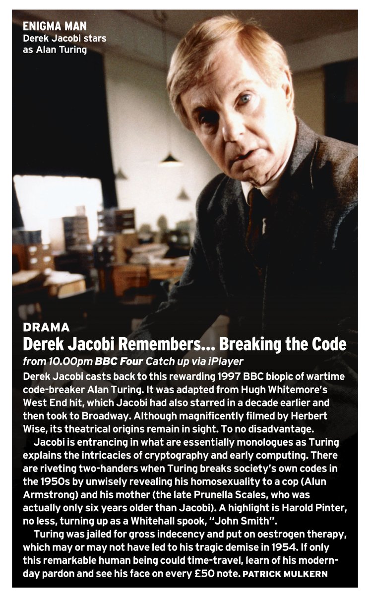 PatrickMulkern's tweet photo. On BBC Four tonight, a chance to see again this wonderful BBC film from 30 years ago starring Derek Jacobi as Alan Turing – Hugh Whitemore's #BreakingTheCode #AlanTuring @RadioTimes https://t.co/8NJ9BlRHjp