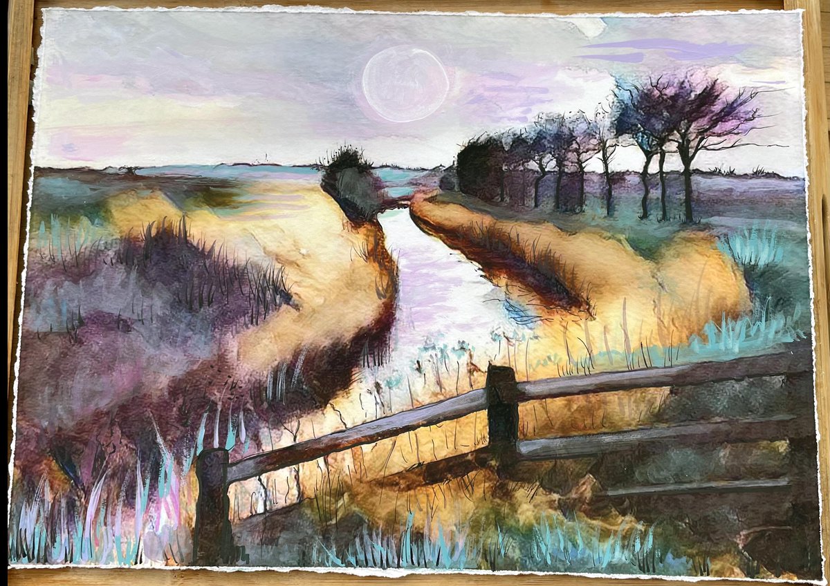 RuthMcDonald1's tweet photo. Across the Marshes an overworked watercolour with added pastels & fine line drawing of the estuary near Faversham in Kent #kent #marshes #atercolour #drawing #pastels #fineline #flatlands #artist #artwork #wednesdaymotivation #Wednesday #perspective #rushes #trees #morning #art https://t.co/shjVMXmqav