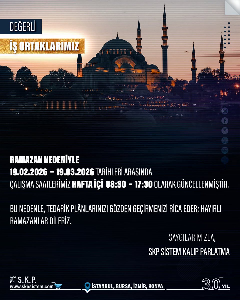 Ramazan Ayı Çalışma Saatleri Güncellemesi

📩 İletişim: skpsistem.com/iletisim

#Plastik #Enjeksiyon #Kalıp #Polisaj #İmalat #Hırdavat #Otomotiv #Savunma #Sağlık #Havacılık #Elektronik #Tıbbi #BeyazEşya #Elmas #Metal #Çelik #Sanayi #Alüminyum #Lepleme #Yüzey #Ekstruder