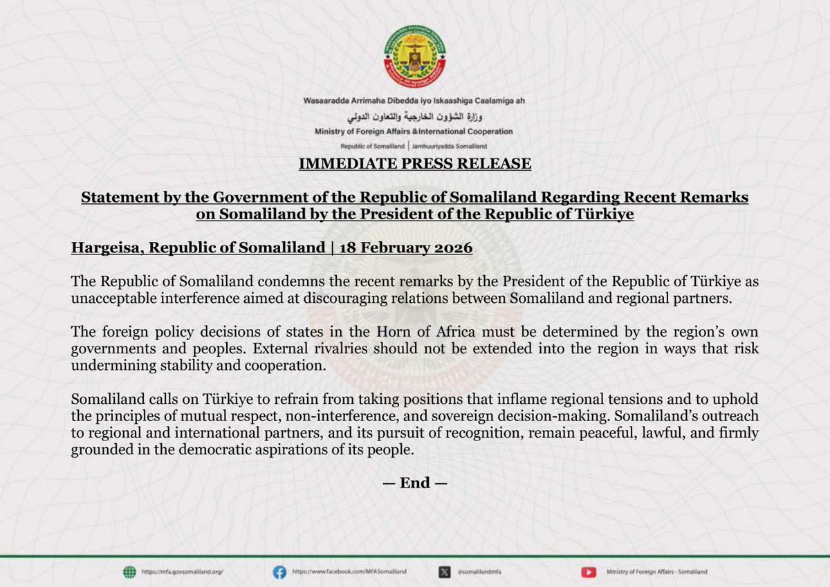 MediaWararka's tweet photo. The Ministry of Foreign Affairs &amp; International Cooperation of the Republic of Somaliland has issued a statement regarding recent remarks by the President of Türkiye.

https://t.co/NGZ0Q3W3ep https://t.co/K9VMt6SDx4
