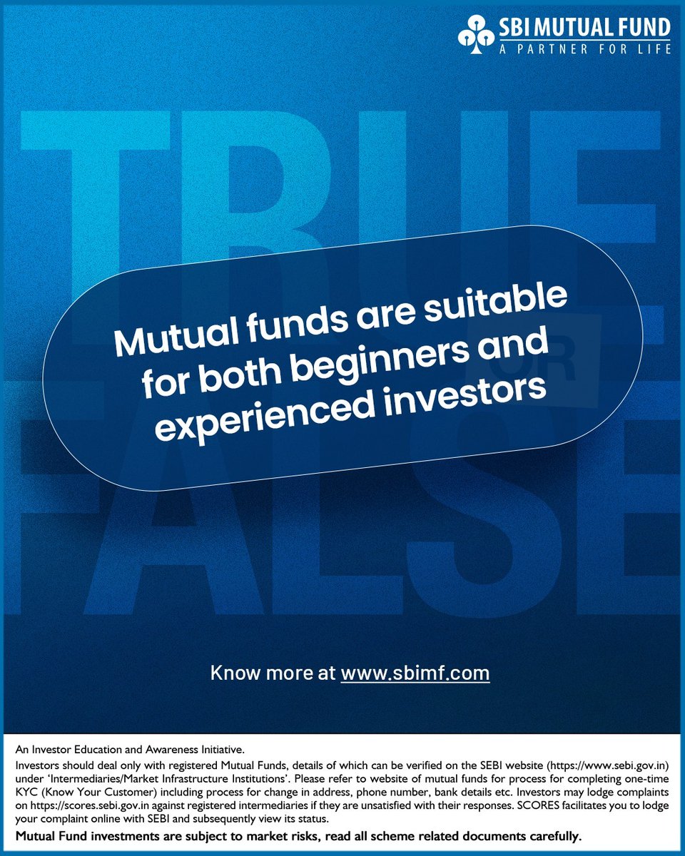 SBIMF's tweet photo. People start investing at different stages, and some investment options work across different experience levels. How true do you think this statement is? Tell us your answer in the comments below.
#SBIMutualFund #TruthorFalse #SmartInvesting #WealthCreation #MutualFunds https://t.co/80GoCkH8Uk
