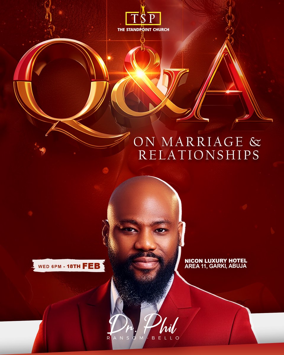 This Evening, we will be having a special Q&amp;A session on Marriage and Relationships with our Senior Pastor <a href="/DrPhilBello/">Dr. Phil Ransom-Bello</a>...
Join us! 
Ask Questions using this link - forms.gle/DT9CedwCtN3K9T…
---
Nicon Luxury Hotel, Garki, Abuja // 6PM
#CHRiSTamplified
