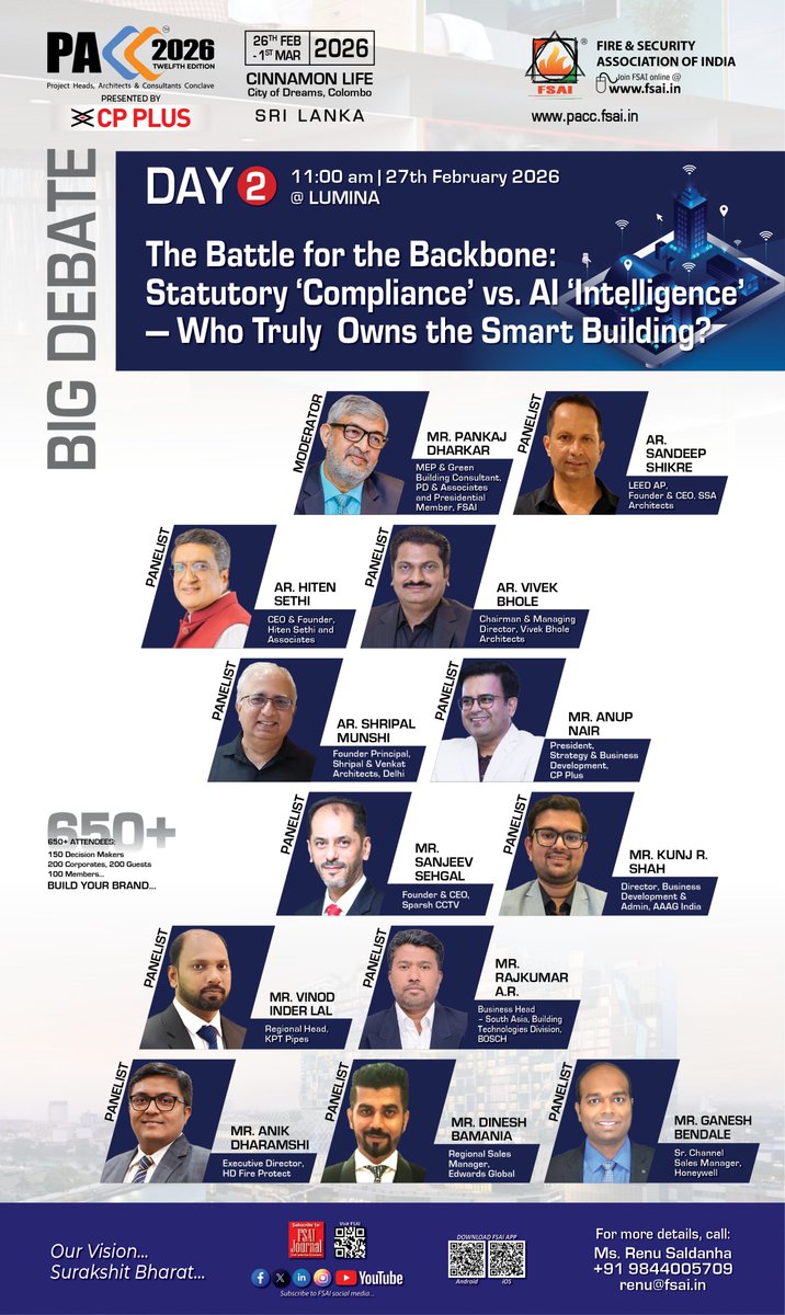 At PACC 2026:
Statutory Compliance vs AI Intelligence.
Who truly owns the smart building?
Join the BIG Debate.
27 Feb 2026 | Colombo.
Register now &amp; be part of the future.
#PACC2026 #SmartBuildings #AIInfrastructure #BuildingTechnology #FireSecurity