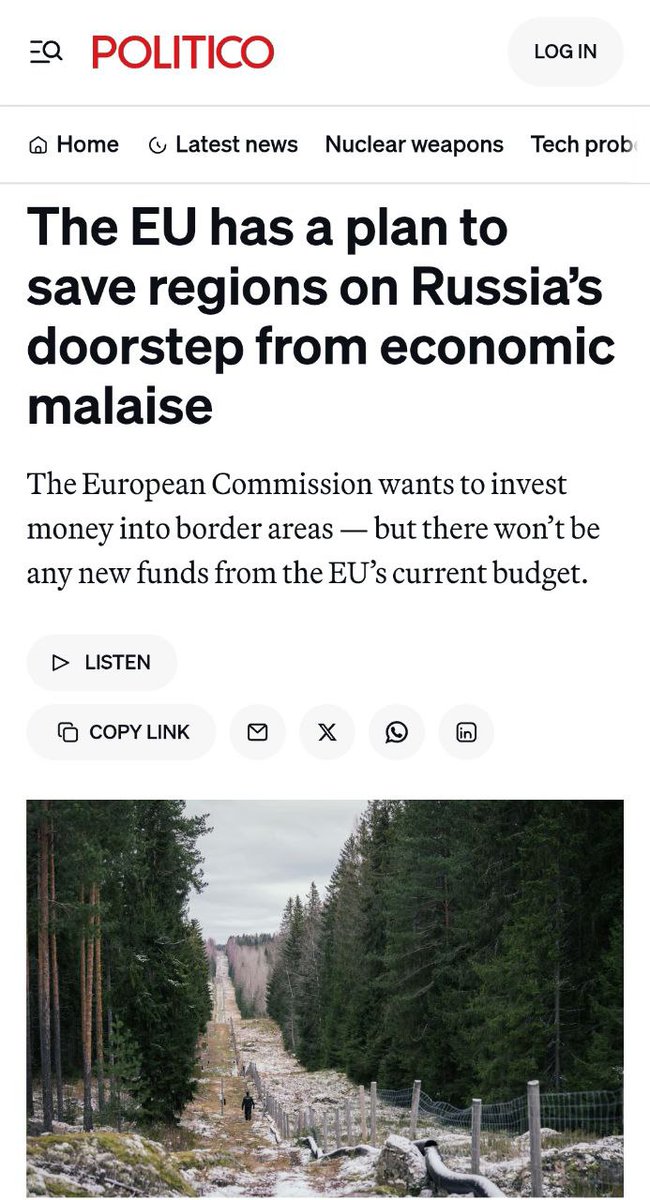 Gerashchenko_en's tweet photo. The European Commission will announce plans to invest in EU regions bordering Russia, Belarus and Ukraine that are suffering economically because of the war, Politico reported.

The decline in investments, cargo traffic, and tourism has primarily affected the Baltic states, Finland, and Poland. Brussels is concerned that if these countries become depopulated, it will be more difficult for Europe to defend its borders, and the residents living in these regions will vote for fringe parties in elections due to economic problems and will be vulnerable to Russian propaganda.

"Europe's security begins at its Eastern frontier. A strong, prosperous, and resilient Eastern border is essential to safeguard the entire continent," the Commission wrote in a draft of the plan, officially called the Communication on Eastern Border Regions.

Under this plan, global financial institutions will be part of the "EastInvest platform," which will immediately enter into force to "address investment needs" and provide financing aid to those regions. 

Also, Brussels will allow the aforementioned countries to use part of their EU regional development funds to offer guarantees to a number of banks to invest in their easternmost regions.