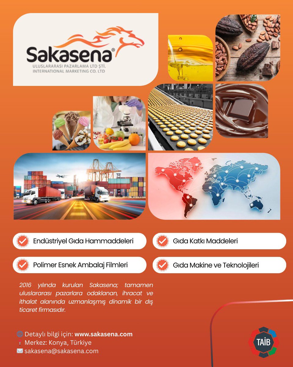 #Üyelerimizden | Sakasena

TAİB üyemiz Sakasena, Kurucu Sahibi ve Genel Müdürü Vügar Abdullah liderliğinde endüstriyel gıda hammaddeleri ve polimer esnek ambalaj filmlerinin uluslararası ticareti alanında faaliyet göstermektedir.

🌐 sakasena.com