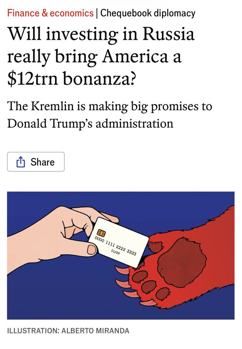 In Europe, concerns are growing that Trump may force Ukraine to make devastating concessions by June in order to gain access to russia’s gold 😔
The U.S. and russia have likely already agreed to lift sanctions against russia in exchange for deals worth $12 trillion, The Economist