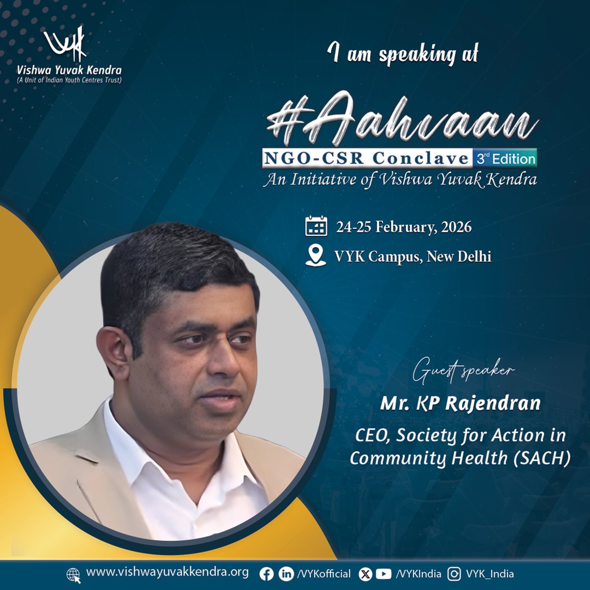 We are proud to welcome Mr. K. P. Rajendran, CEO, Society for Action in Community Health (SACH) &amp; Chairperson, Credibility Alliance, as a distinguished speaker at Aahvaan: NGO–CSR Conclave 2026 (3rd Edition). 
#Aahvaan2026 #NGOCSRConclave #CivilSociety #PublicHealth