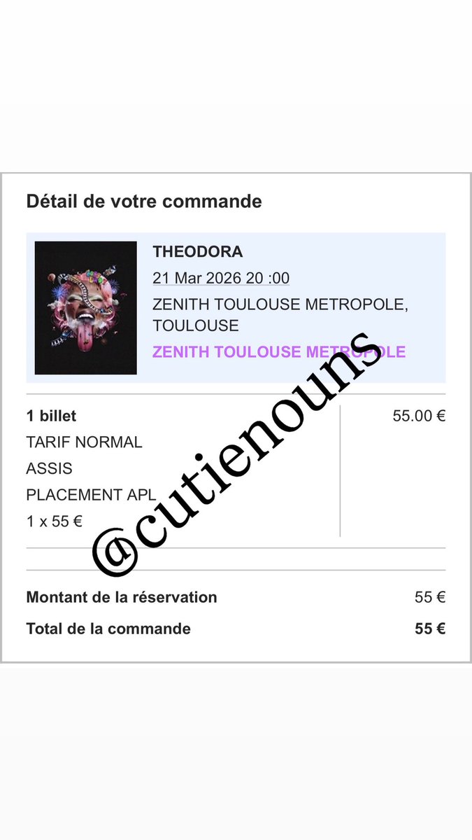 cutienouns's tweet photo. Vend une place assise de concert pour Théodora au zénith de Toulouse le 21 mars à 20h. Je la vend au même tarif qu’à l’achat soit 55€ 
Je vais retirer la place en physique chef Leclerc donc échange en main propre (paiement espèce ou wero svp) 
#concert #theodora #toulouse https://t.co/VnvCLWZvxf