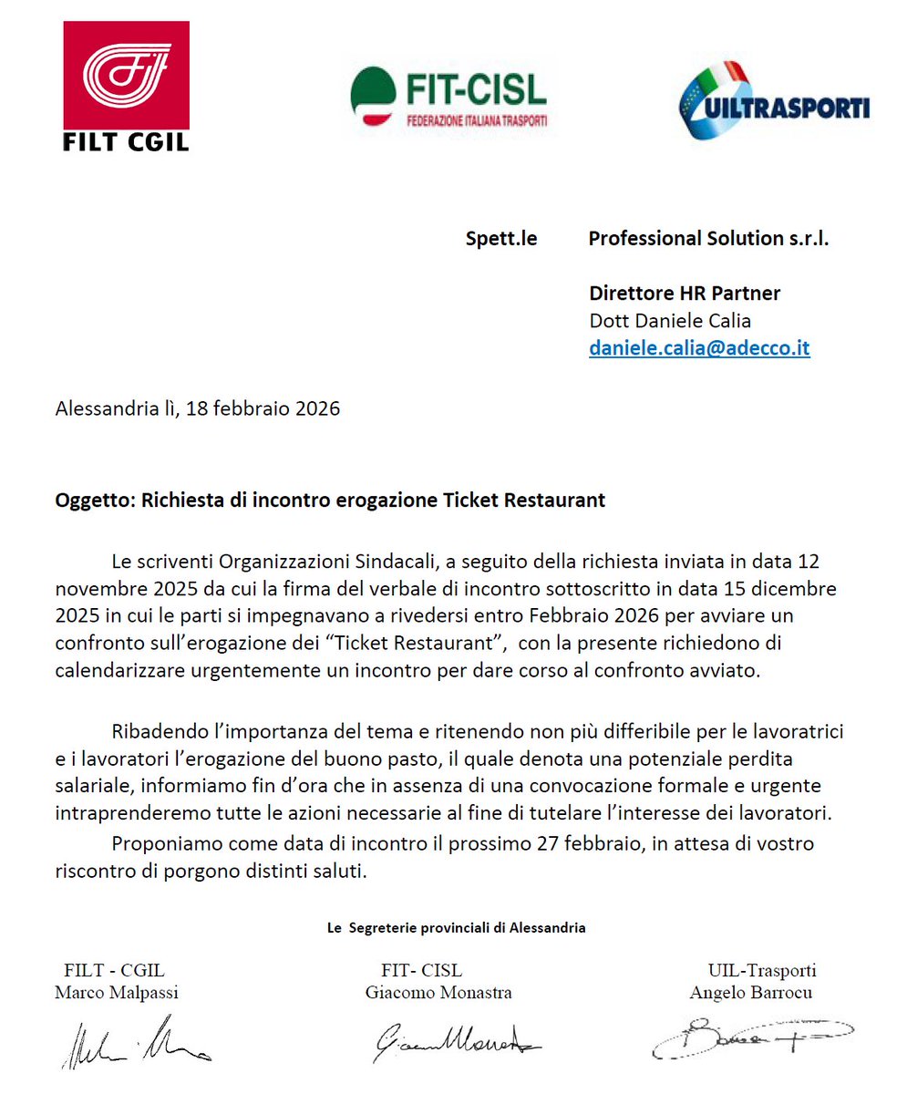 FitCislAle's tweet photo. #ProfessionalSolution Richiesta urgente incontro per l'erogazione dei Buoni Pasto a tutto il personale dipendente della commessa #Bocchiotti. 
Le lavoratrici e i lavoratori non possono più attendere.
#FitCislAlessandria sempre al fianco dei lavoratori https://t.co/JTnGZOSHQf