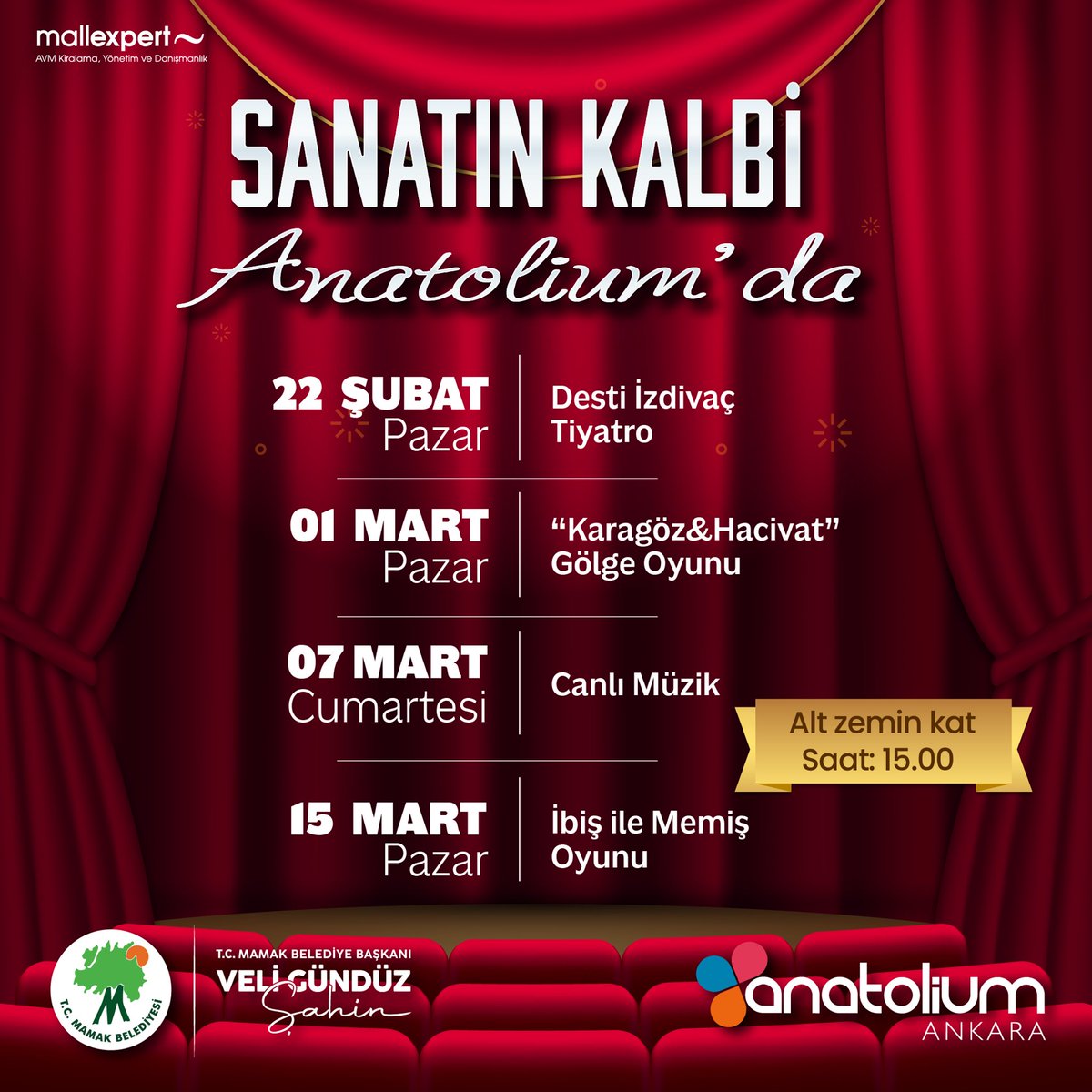 Mamak Belediyesi ile düzenlediğimiz Sanatın Kalbi Anatolium’da gösteri ve canlı müzik etkinliklerimizde siz değerli misafirlerimizide aramızda görmekten mutluluk duyarız!🎭🎶

🥁Etkinliğimiz ücretsizdir.
@mamakbelediyesi  #anatoliumankara
