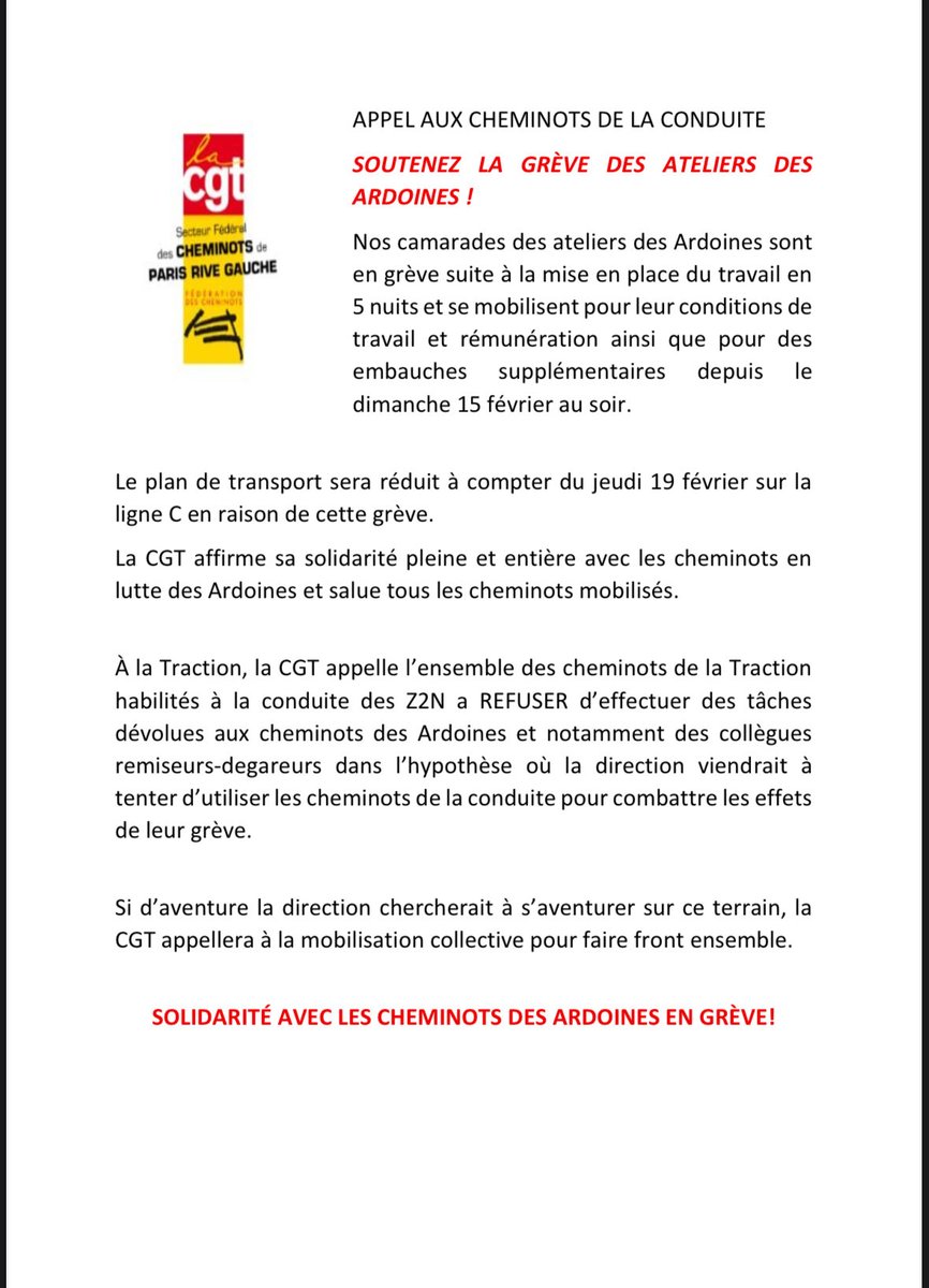 À l’attention des agents de conduite habilités à la conduite en 1er sur le matériel Z2N : solidarité avec les cheminots en grève des Ardoines, refusons toute tentative de vous utiliser pour remplacer les remiseurs - degareurs !