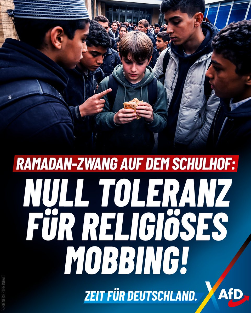 Auch dieses Jahr warnen Experten vor Ramadan-Polizei an Schulen. Letztes Jahr 72 islamistische Vorfälle in Hamburg, Fastenzwang in Gelsenkirchen, Pflicht-Iftar in Berlin. Nichts hat sich geändert. Zeit für die AfD!