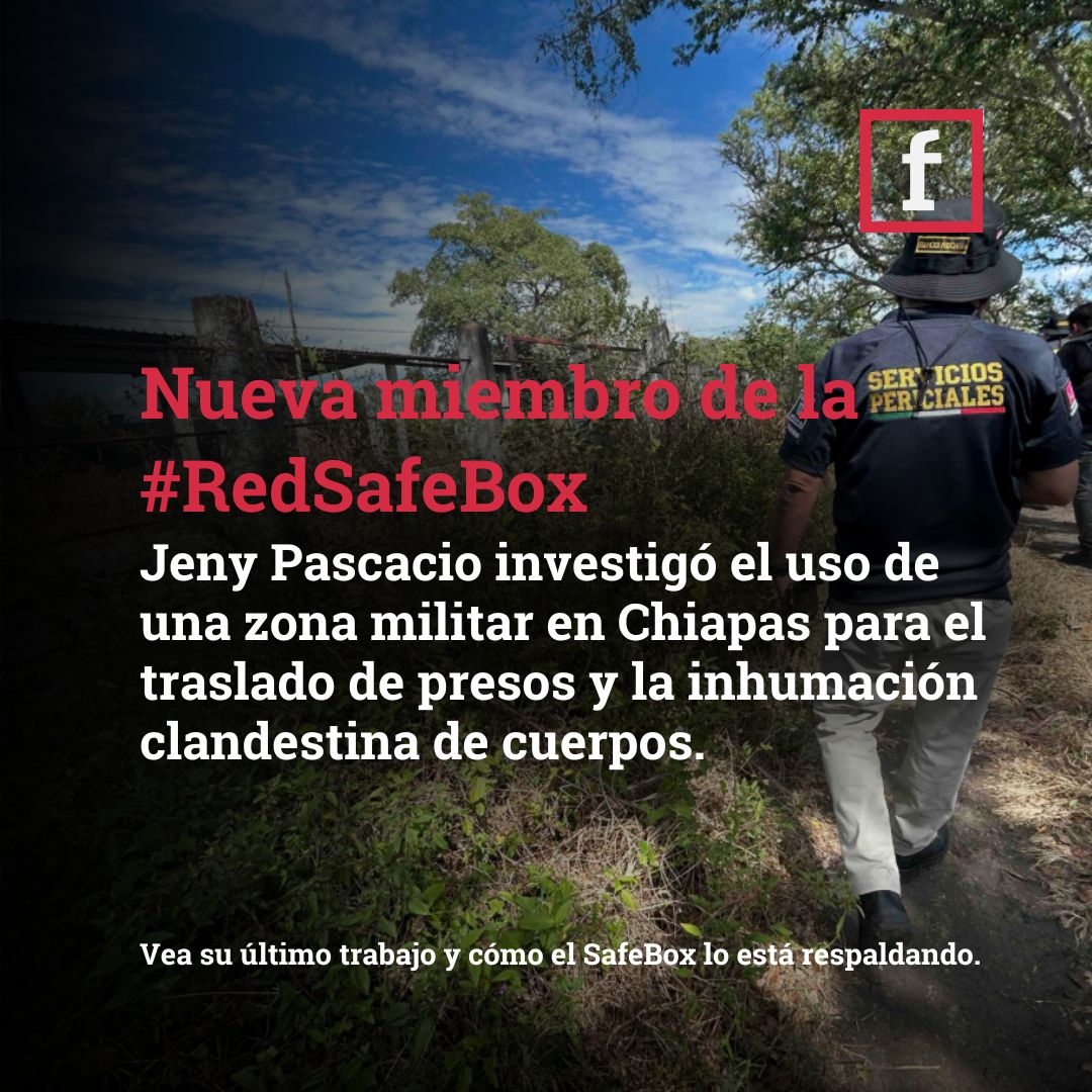 FbdnStories's tweet photo. 🚨 La periodista Jeny Pascacio se ha unido a la #RedSafeBox en México 🇲🇽
Su medio @Avispa_Midia acaba de publicar una investigación sobre cómo una zona militar en #Chiapas está siendo usada para el traslado de personas privadas de libertad, como centro de adiestramiento y para la inhumación clandestina de cuerpos. 🧵 1/3