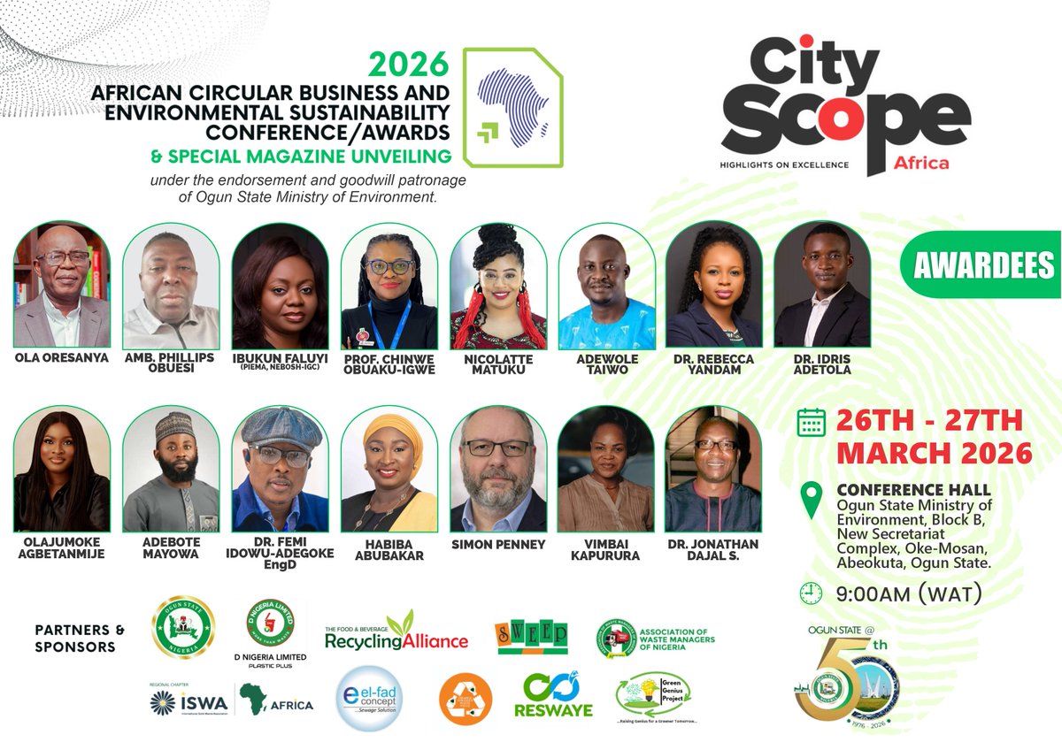 2026 AfCBC/SMU AWARDEES: Environmental Sustainability Awards for Individuals

We are pleased to unveil to the General Public, the 2026 African Circular Business &amp; Environmental Sustainability Conference AfCBC/Awards and Special Magazine Unveiling AWARDEES.

The AfCBC/Awards and