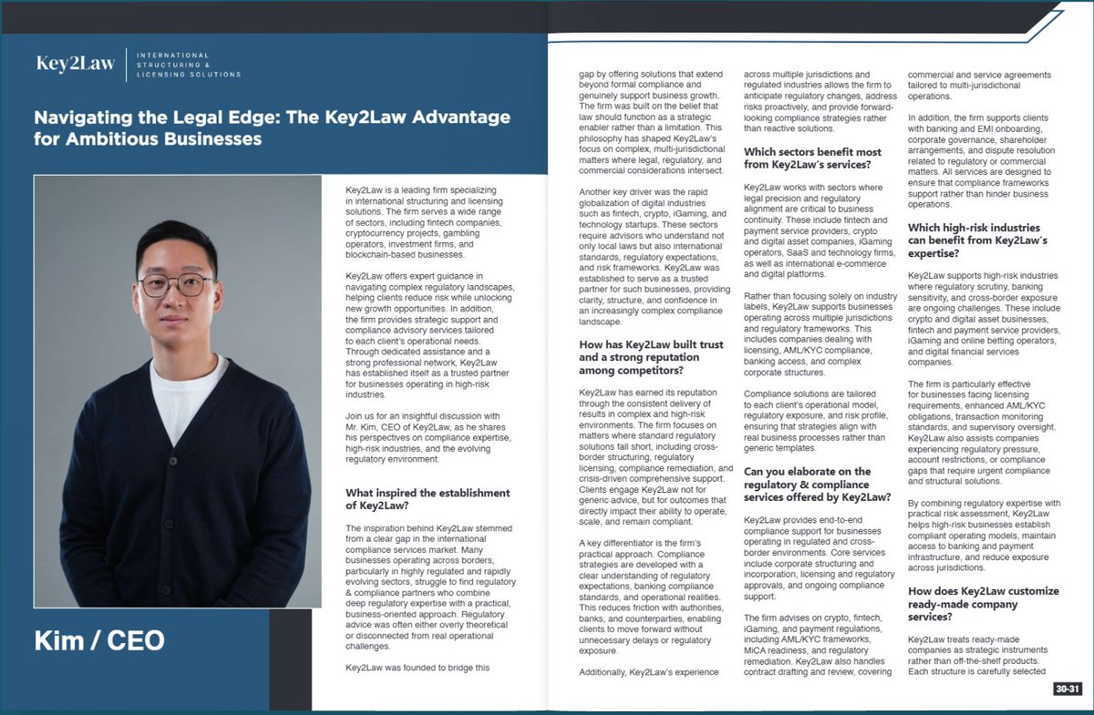 theceovision's tweet photo. 🚀 Key2Law has been named one of the Most Innovative Companies to Watch 2026 by The CEO Vision.
Led by Kim, the firm turns complex international compliance into strategic growth opportunities for fintech, crypto &amp; iGaming businesses.

https://t.co/qXO7WanHKB

#MostInnovative2026 https://t.co/iZ8EawRJjS