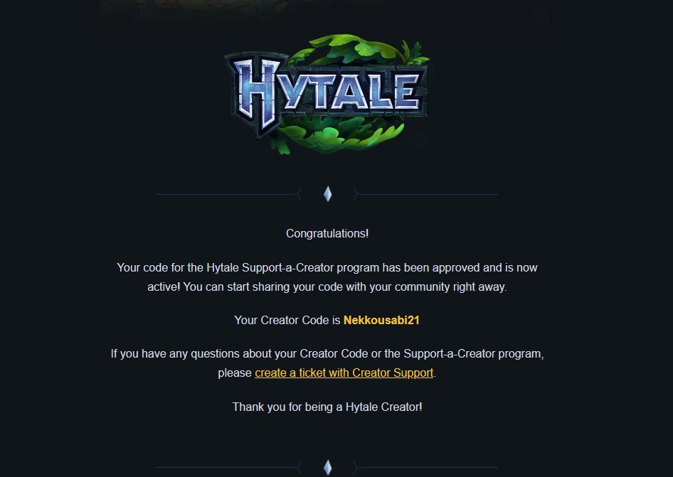 La semana comienza a mejorar y es que... ME HA DADO EL CODIGO DE CREADOR DE #HYTALE! 

Así que ya sabéis kemono to inkemono, usad el código NEKKOUSABI21 en la tienda de HYTALE para apoyarnos ^^

#Vtuber #VtuberES #Kemono