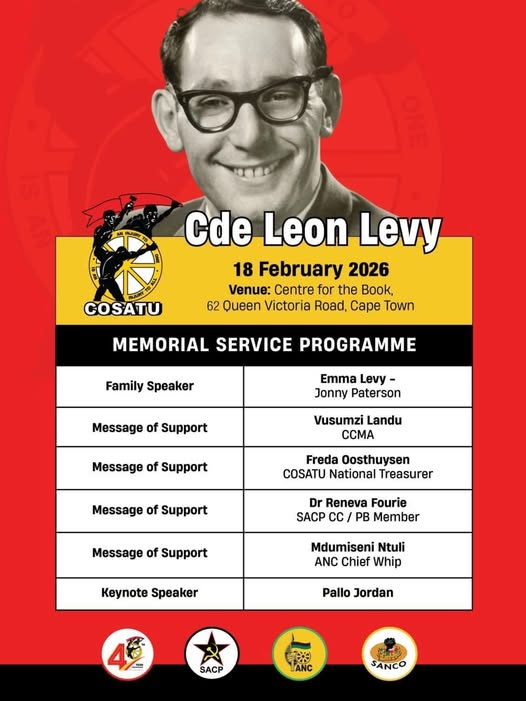 _cosatu's tweet photo. Workers and working-class communities are urged to participate in the celebrations of the life and times of the late former founding president of #SACTU, Comrade Leon Levy on the 18th February in Cape Town
@CapeTownFM
@CapeTalk
@KayaNews
@capetowntvnews
@eNCA
#HambaKahleLeonLevy https://t.co/LAKejr8dYY