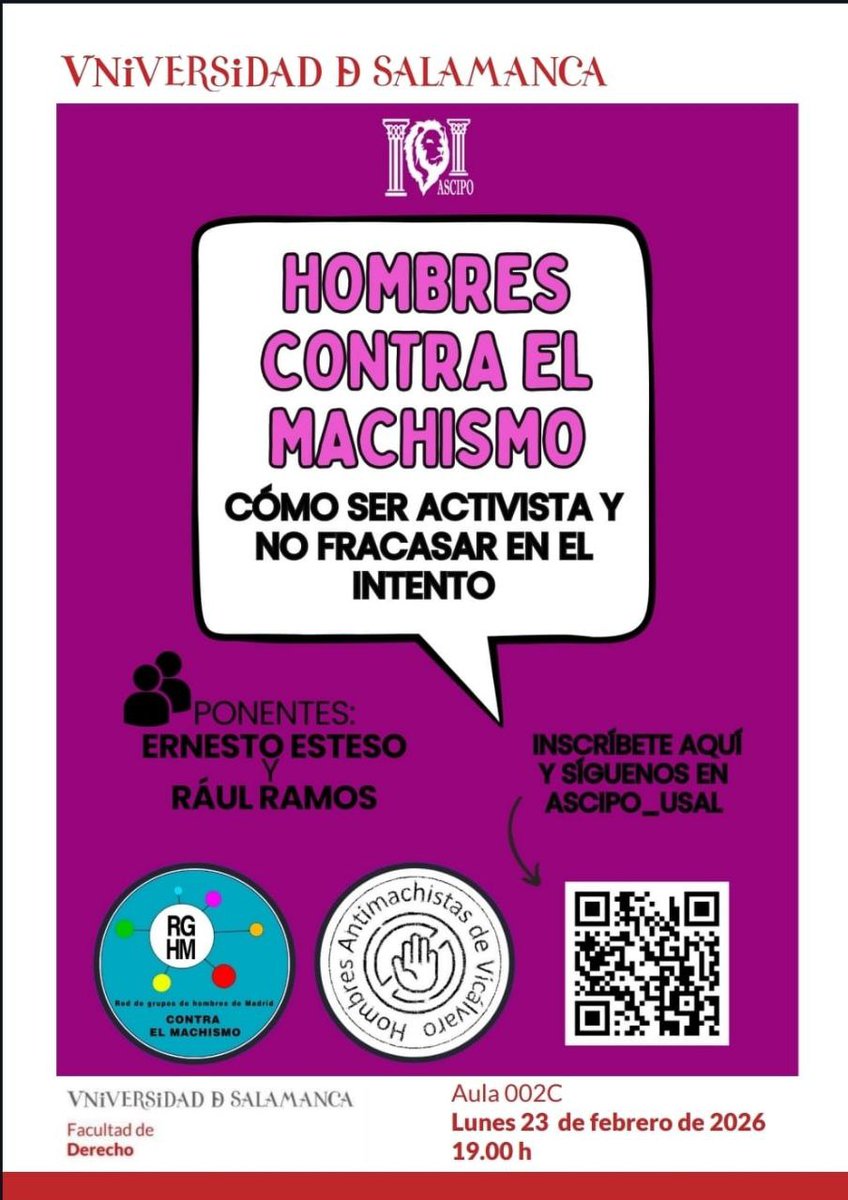 🔴El próximo lunes estarán unos compañeros representando a la Red de Grupos de Hombres de Madrid Contra el Machismo, en estas jornadas tan necesarias que organizan <a href="/ascipo_usal/">ASCIPO</a>, en la Universidad de #Salamanca. #Feminismo #Igualdad
Acérquense!