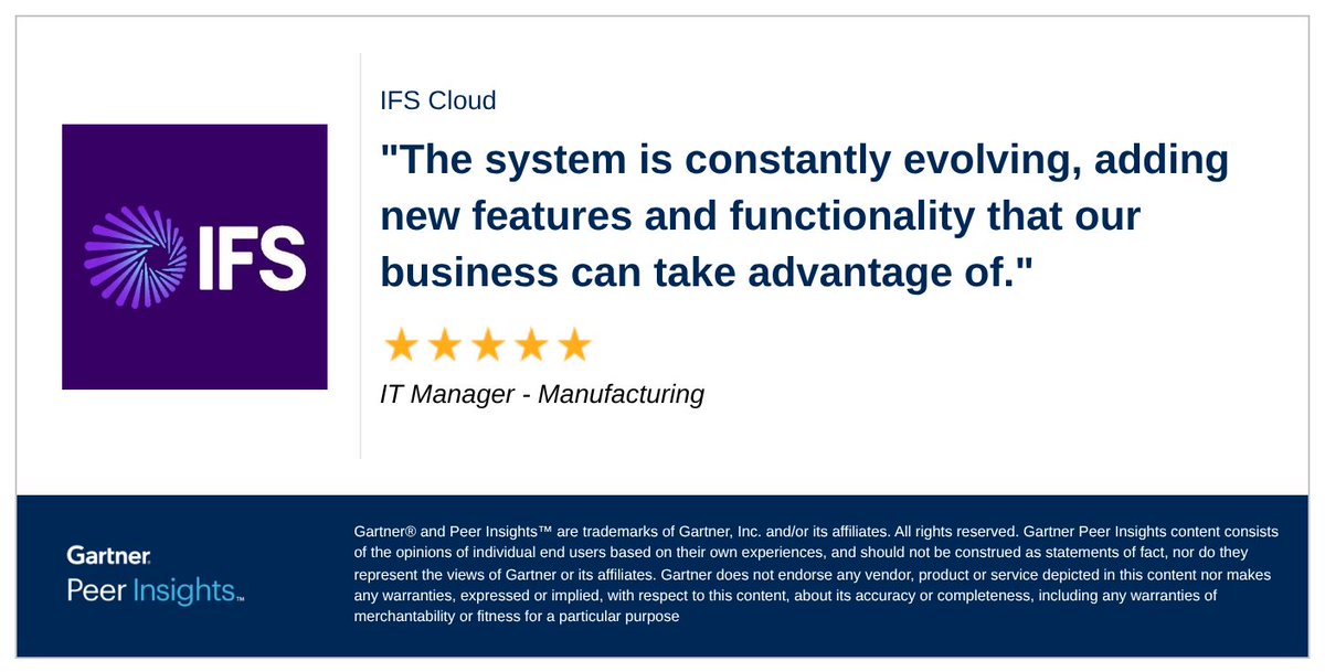 ifs's tweet photo. This 5-star review highlights what customers value most about IFS Cloud, continuous innovation that keeps pace with real world business needs.
IFS Cloud: https://t.co/jcEkkowO2r
Read the full review here: https://t.co/LKuxZ0OxhZ
#IndustialAI #IFSCloud #gartnerpeerinsights https://t.co/8XnTrg1dAv