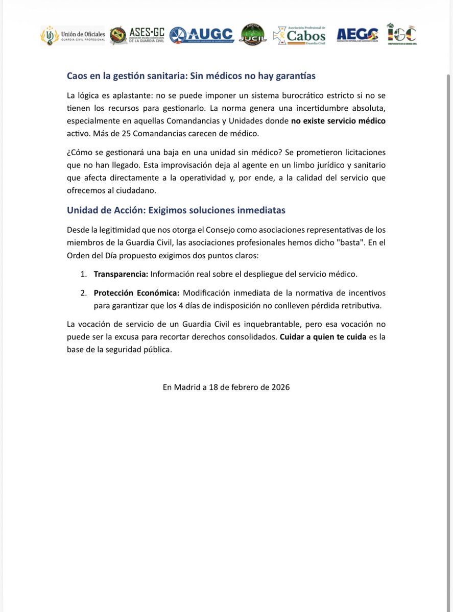 🔵 PLENO EXTRAORDINARIO YA‼️
       POR EL RD DE SANIDAD

La nueva normativa de incapacidad temporal no puede convertirse en otro recorte encubierto para la Guardia Civil.

Exigimos a la Directora General <a href="/MercedesDS21/">Mercedes González</a> que deje de mirar hacia otro lado y garantice que ningún