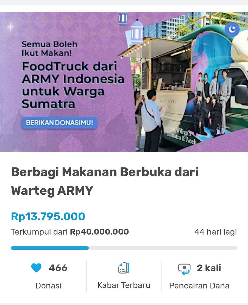 ARMY Indonesia 💜 kita sudah kumpulkan Rp13.795.000 untuk warga terdampak pasca bencana &amp; masyarakat prasejahtera Sumatra–Aceh. Ini akan jadi menu berbuka &amp; sukacita Lebaran. Yuk lanjutkan kebaikan

Donasi: kitabisa.com/WARTEGfromARMY 
atau bantu barang -> DM.

#BTS_ARIRANG #BTSARMY
