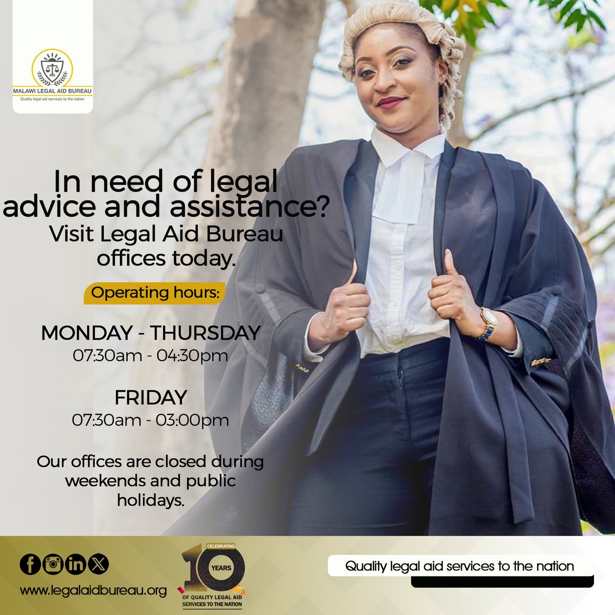 mwlegalaid's tweet photo. Seeking legal aid for the first time? Walk into our office, get help, and move forward.
No calls and no appointments for first-time clients. Remember your National ID for a smooth experience. We are here to serve you.
#LegalAid #OperatingHours #Malawi https://t.co/FVYqtEQiHL