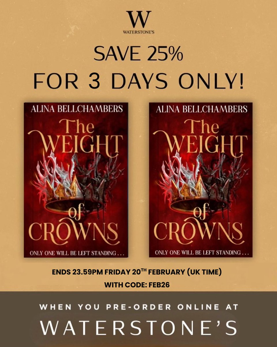 AlinaBellWrites's tweet photo. FOR THREE DAYS ONLY, pre-order the adorable mini paperback version of THE WEIGHT OF CROWNS through Waterstones and receive 25% off! Your code at checkout is FEB26 🫶

🚨 Hurry, offer ends at the end of this Friday 20th of February (11:59pm UK time)
https://t.co/jnXjP1jGhH https://t.co/C2mKi0er2b