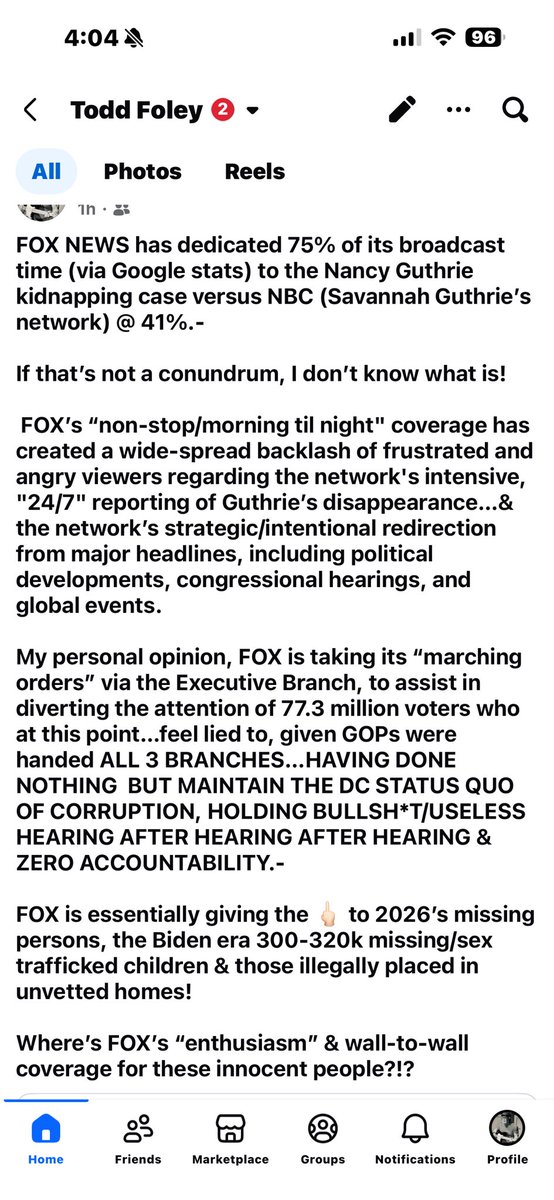 ToddFoley7's tweet photo. @seanhannity @FoxNews @willcain @OutnumberedFNC @marthamaccallum @IngrahamAngle @RCamposDuffy @kayleighmcenany -NEWSFLASH: FOX NEWS has officially changed it’s name to “The Nancy Guthrie Kidnapping Channel”- https://t.co/CAV8TCenS5