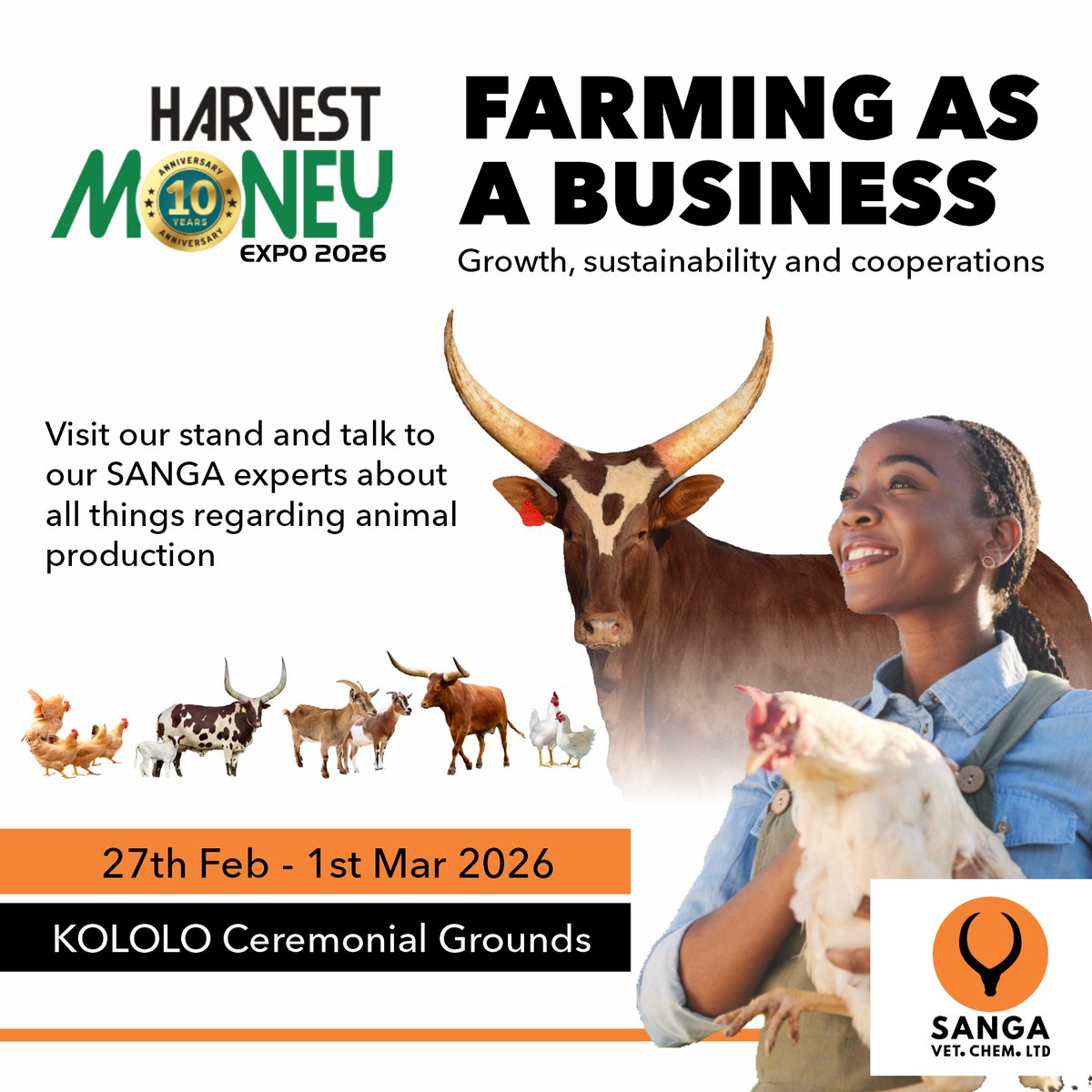 From the 27th of February to 1st of March the SANGA team will be represented at the HARVEST MONEY EXPO 2026. The theme is Farming As A Business - Growth, Sustainability and Cooperation.

Come and visit our stand to talk to our experts about animal production. We look forward to